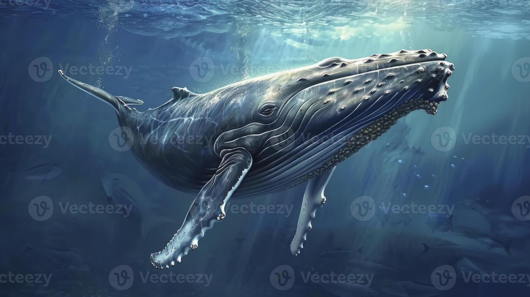 AI generated Humpback Whale Gliding Beneath the Blue Ocean Depths, an Exquisite Depiction of Marine Life photo