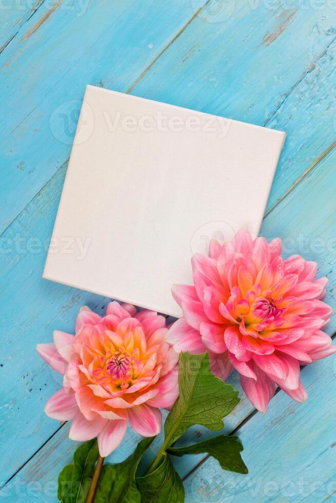 summer background. dahlias and a canvas on a blue wooden background. art. space for a text photo