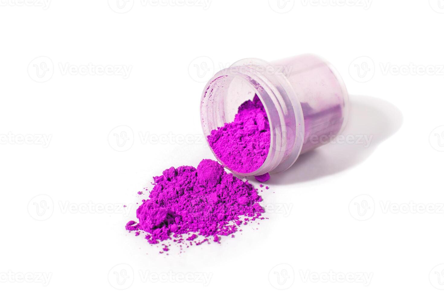 a bottle of pink loose powder, pink ultramarine, pink ochre, purple on a white photo