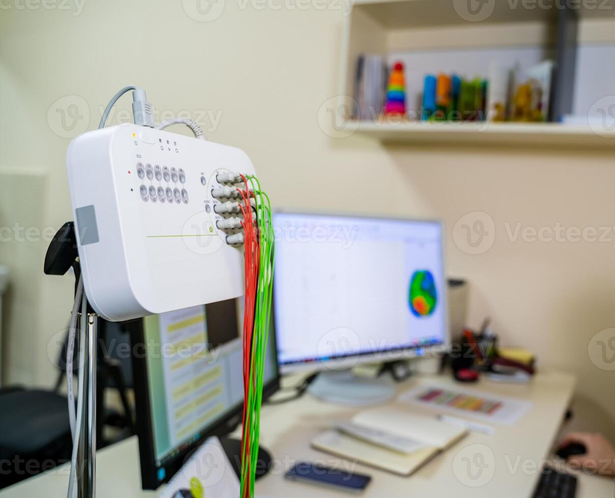 EEG monitor cable. Doctor near medical technic. Accessory for Electroencephalography machine. photo