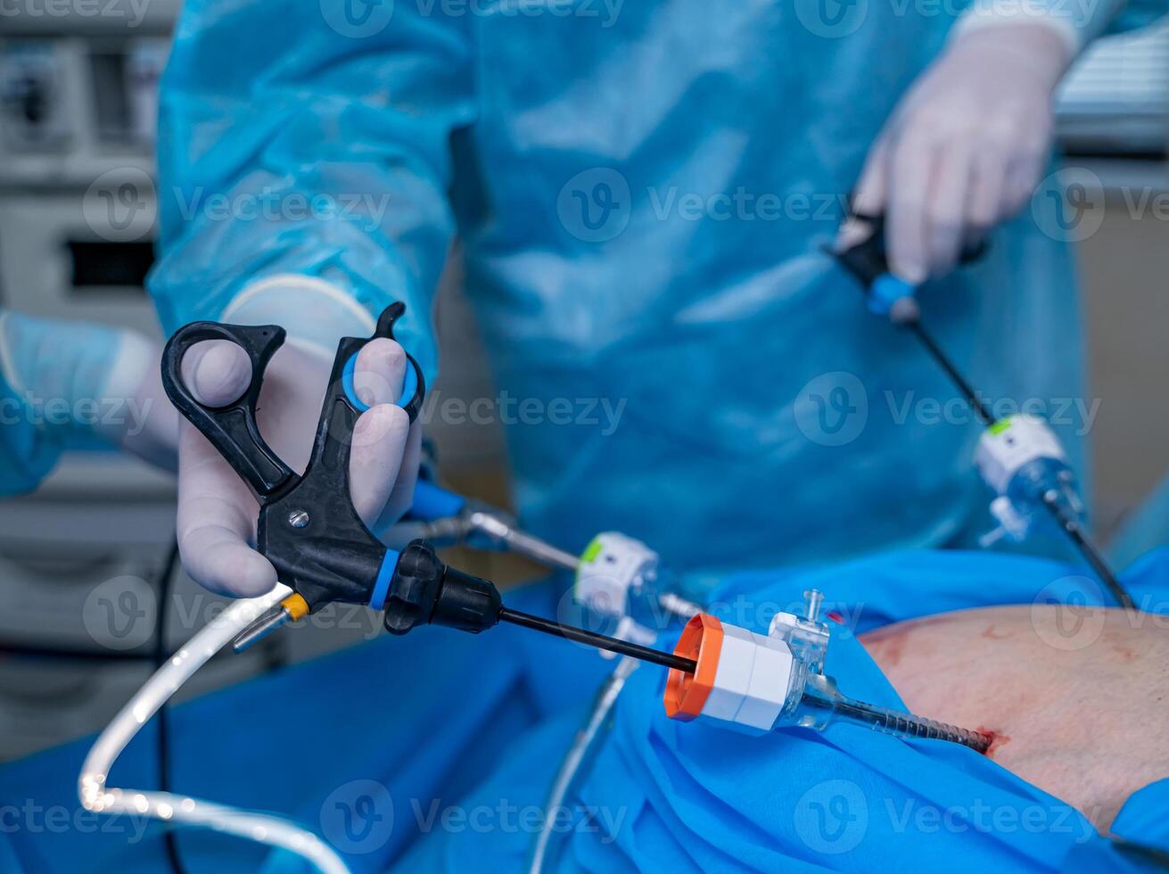 Robotic arm on front view. Surgeon providing operation. Neurosurgery and surgery concept. photo