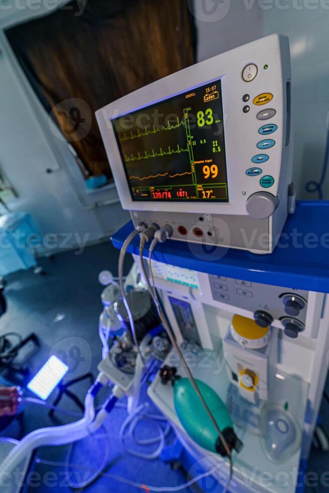 Special equipment for intubation. Emergency room in clinic. Saving lives. photo