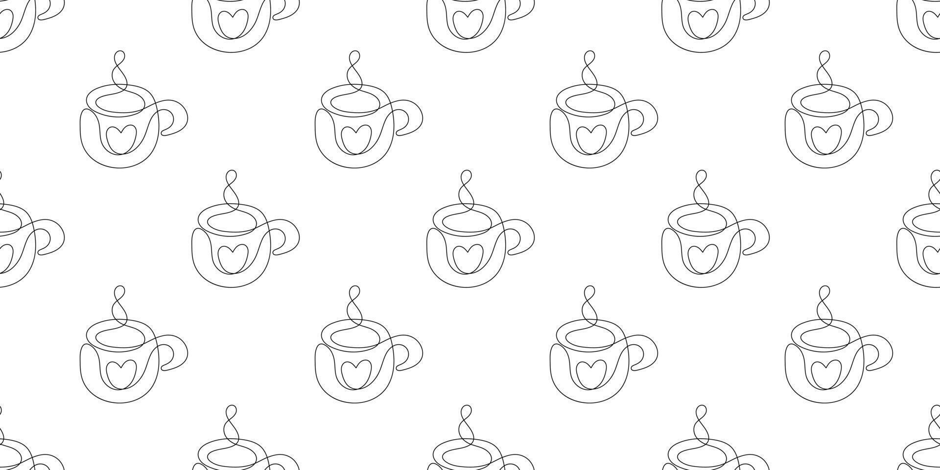 One line style Cup of coffee Seamless Pattern. Abstract creative food in minimalism design. Minimalist Hand drawn outline Mug of tea or drink vector illustration