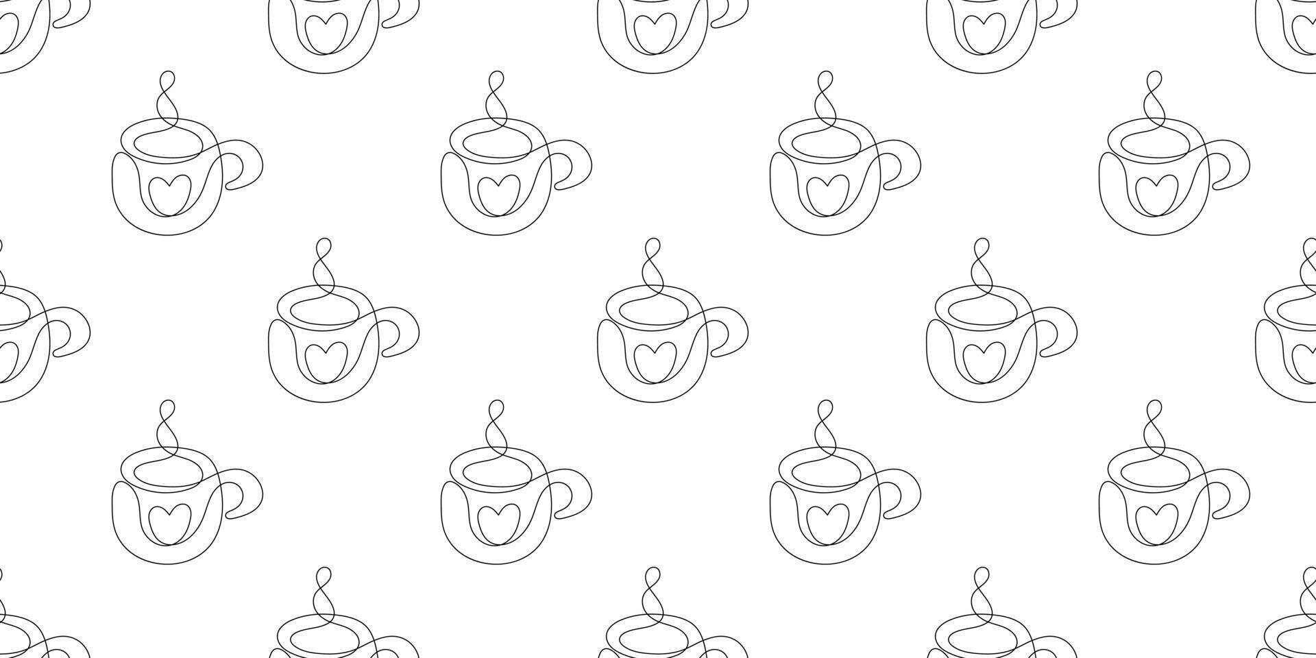 One line style Cup of coffee Seamless Pattern. Abstract creative food in minimalism design. Minimalist Hand drawn outline Mug of tea or drink vector illustration