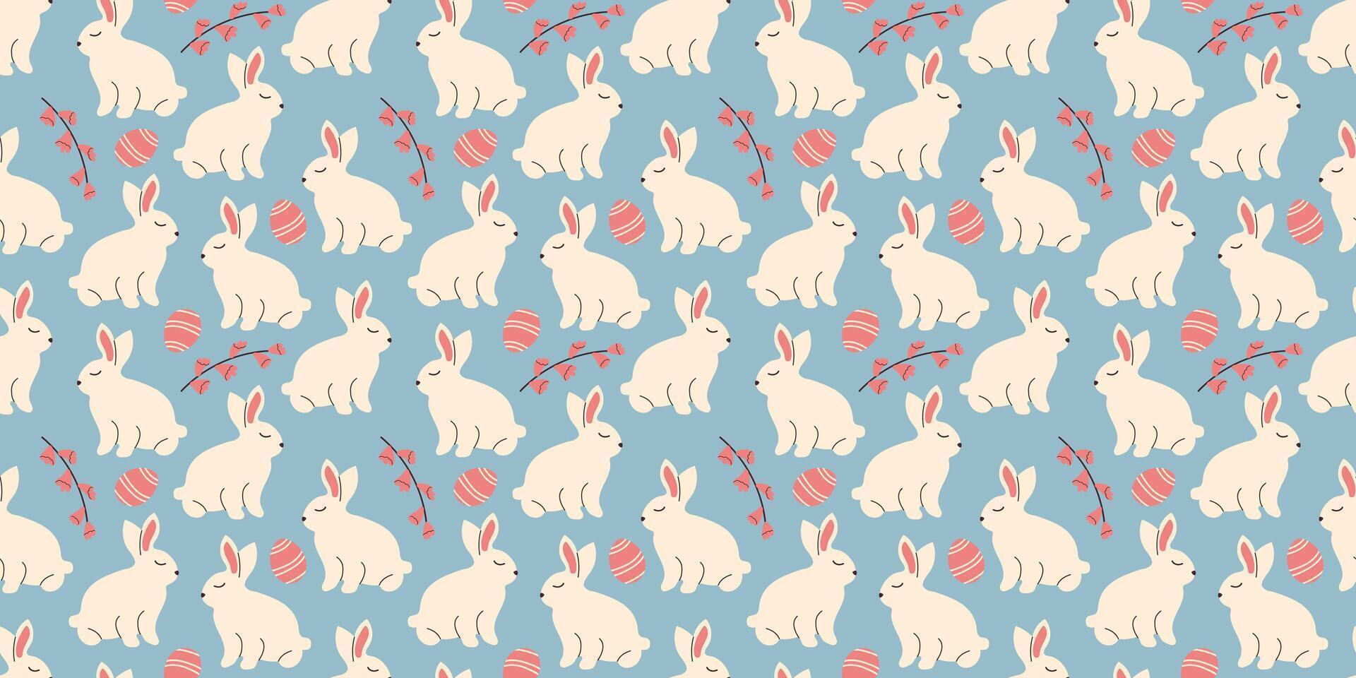 Bunny seamless pattern with leaves in doodle style. Endless Illustration with animals. White rabbits with botanical elements on blue background. Cute kids design vector