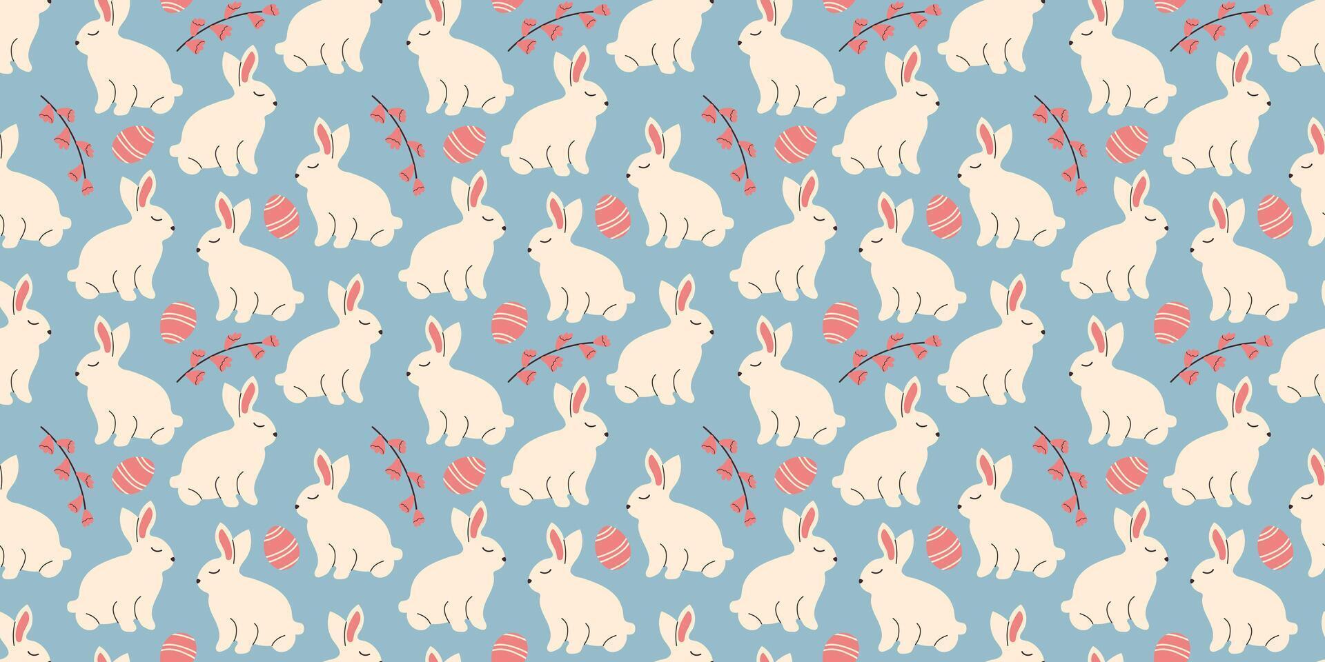 conejito sin costura modelo con hojas en garabatear estilo. interminable ilustración con animales blanco conejos con botánico elementos en azul antecedentes. linda niños diseño vector