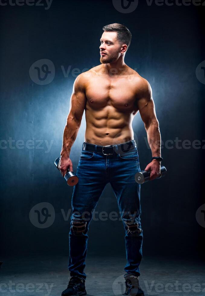 Full size photo of bodybuilder with nacked torso. Barbells in hands. Dark grey background.