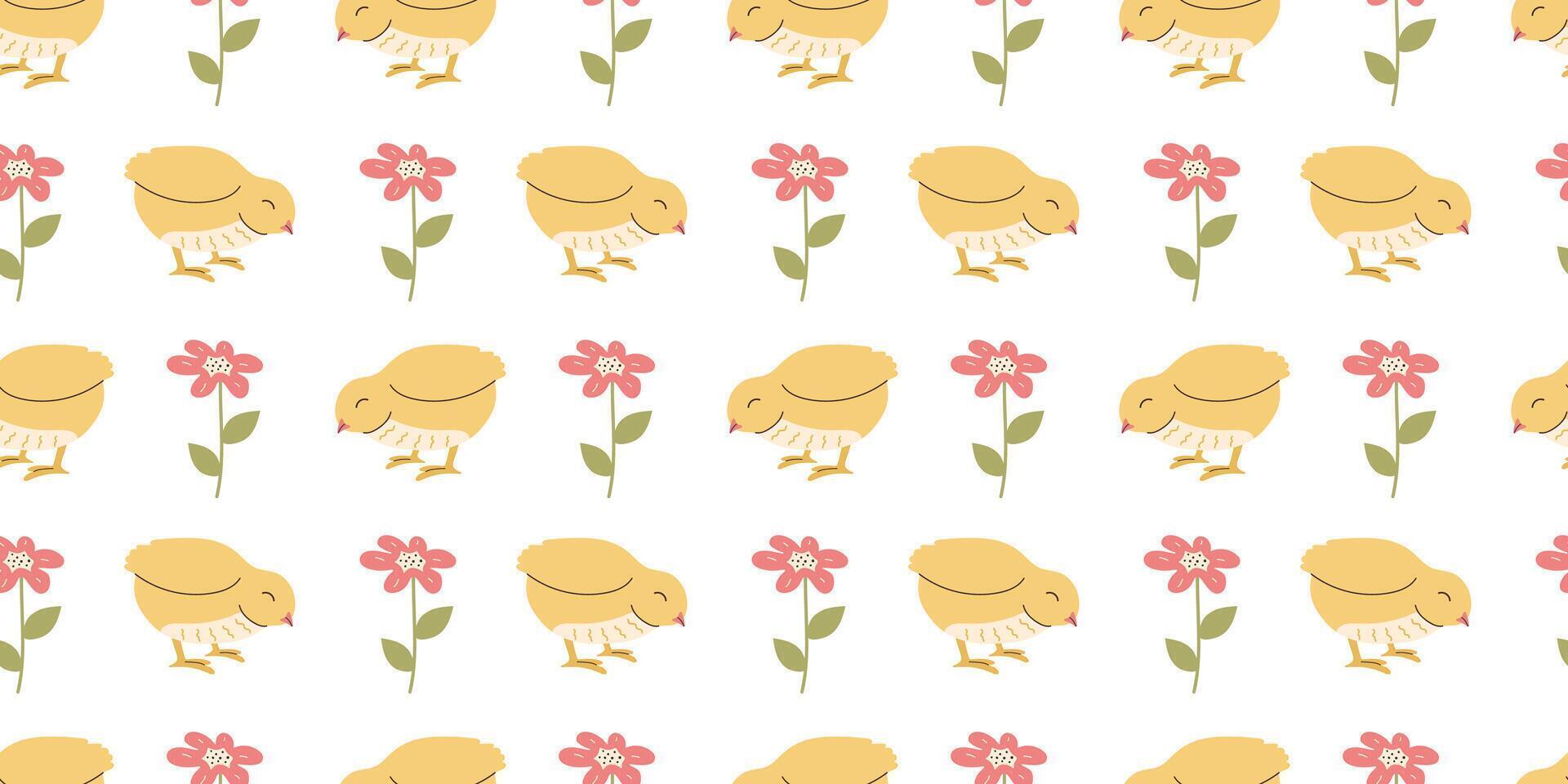 Seamless pattern with Chicken and flowers. Easter design for wrapping paper and backgrounds. Hand drawn illustration of Chick bird in kawaii style vector