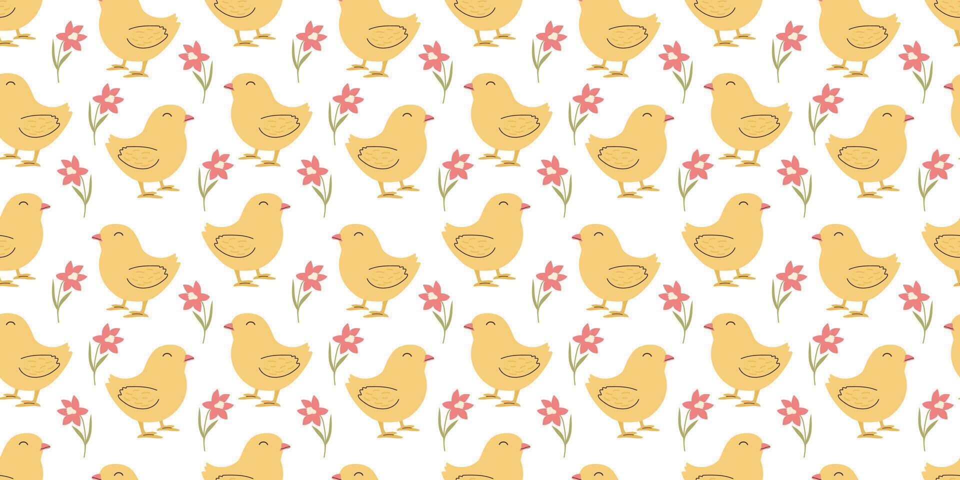 Seamless pattern with Chicken and flowers. Easter design for wrapping paper and backgrounds. Hand drawn illustration of Chick bird in kawaii style vector