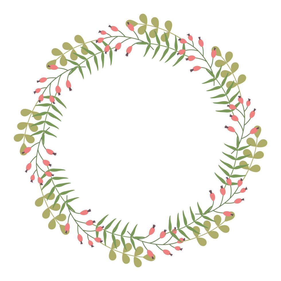 Round Hand drawn floral frame or springtime border with place text, quote or logo in flat style. Doodle spring Wreath made of pink flowers and Leaves in circle. Minimalist botanical element branches vector