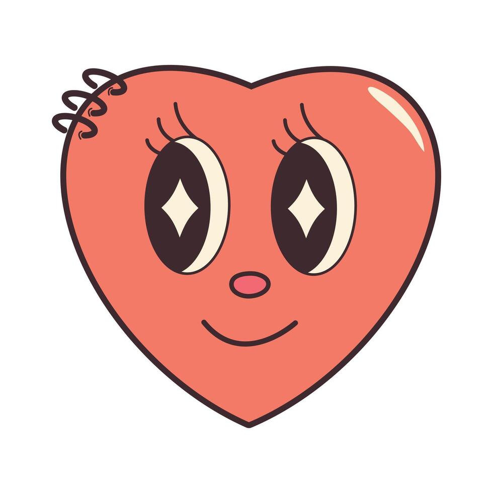 maravilloso hippie amor corazón pegatina. gracioso dibujos animados personaje forma. contento San Valentín día concepto. de moda retro 60s 70s estilo emojis y2k estético. romántico mascota con ojos vector