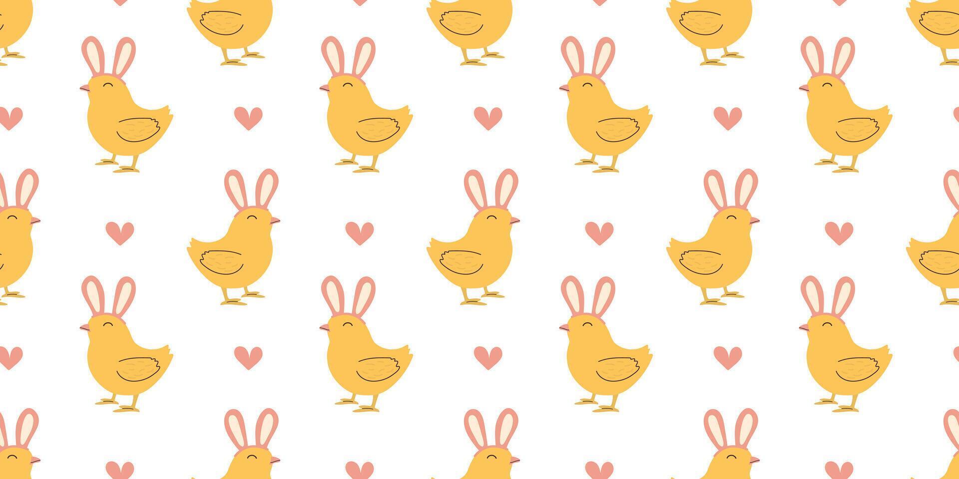 Seamless pattern with Chicken with bunny ears hat. Easter design for wrapping paper and backgrounds. Hand drawn illustration of Chick bird in kawaii style vector