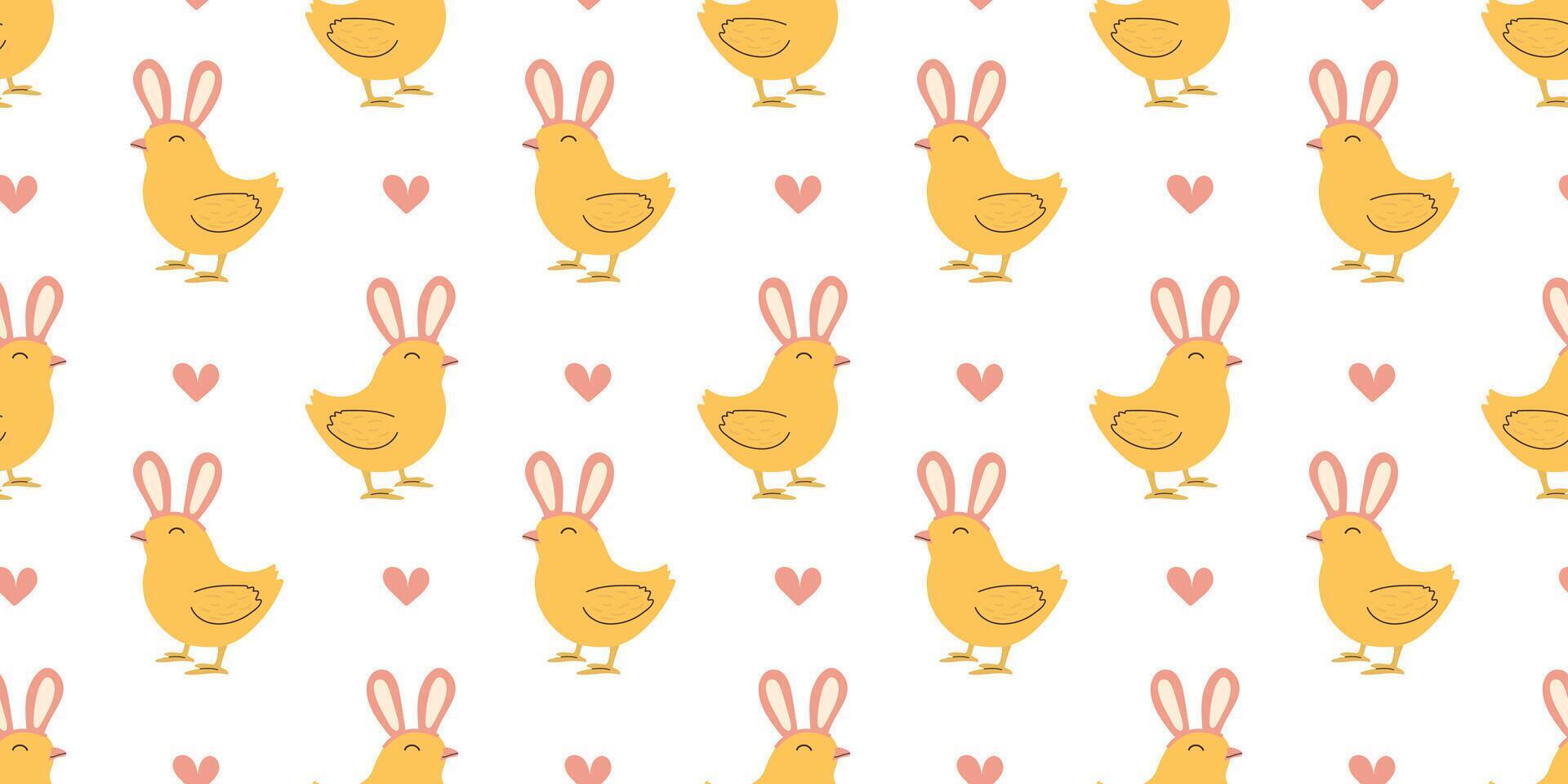 sin costura modelo con pollo con conejito orejas sombrero. Pascua de Resurrección diseño para envase papel y antecedentes. mano dibujado ilustración de polluelo pájaro en kawaii estilo vector