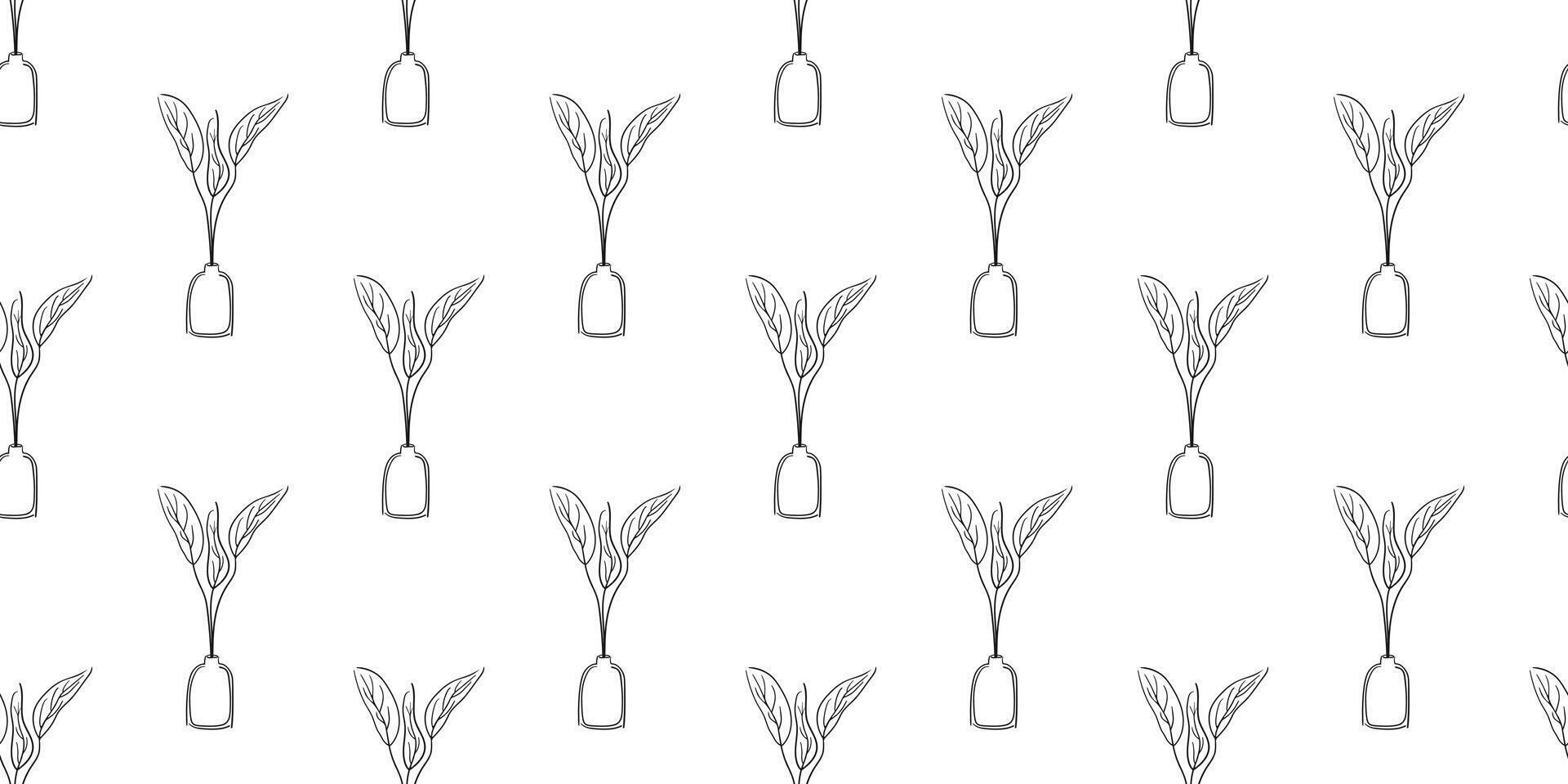 Seamless botanical Pattern in outline style. Leaves in pot nature illustration. Vector design room elements in black and white color