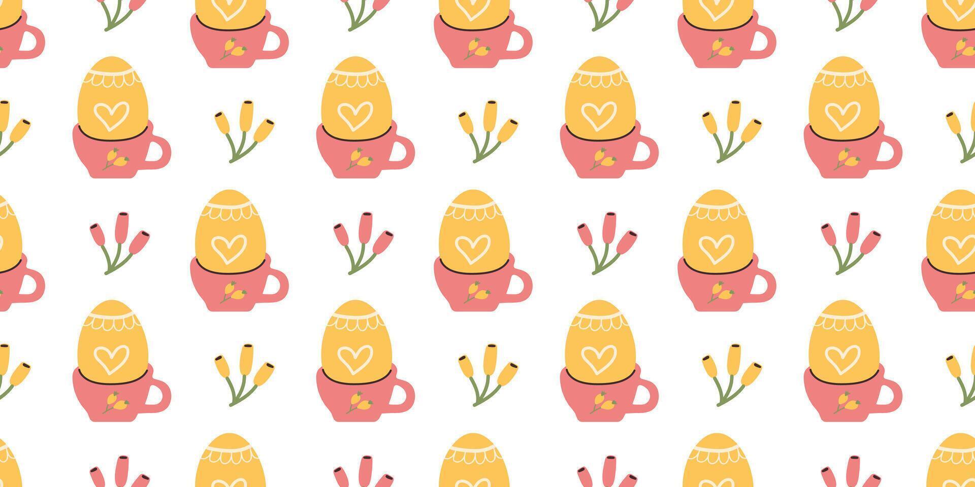 Yellow Easter eggs in cup seamless Pattern for fabrics, wrapping or wallpapers. Holidays endless Hand drawn background. Eggshell decorated with hearts and lines vector