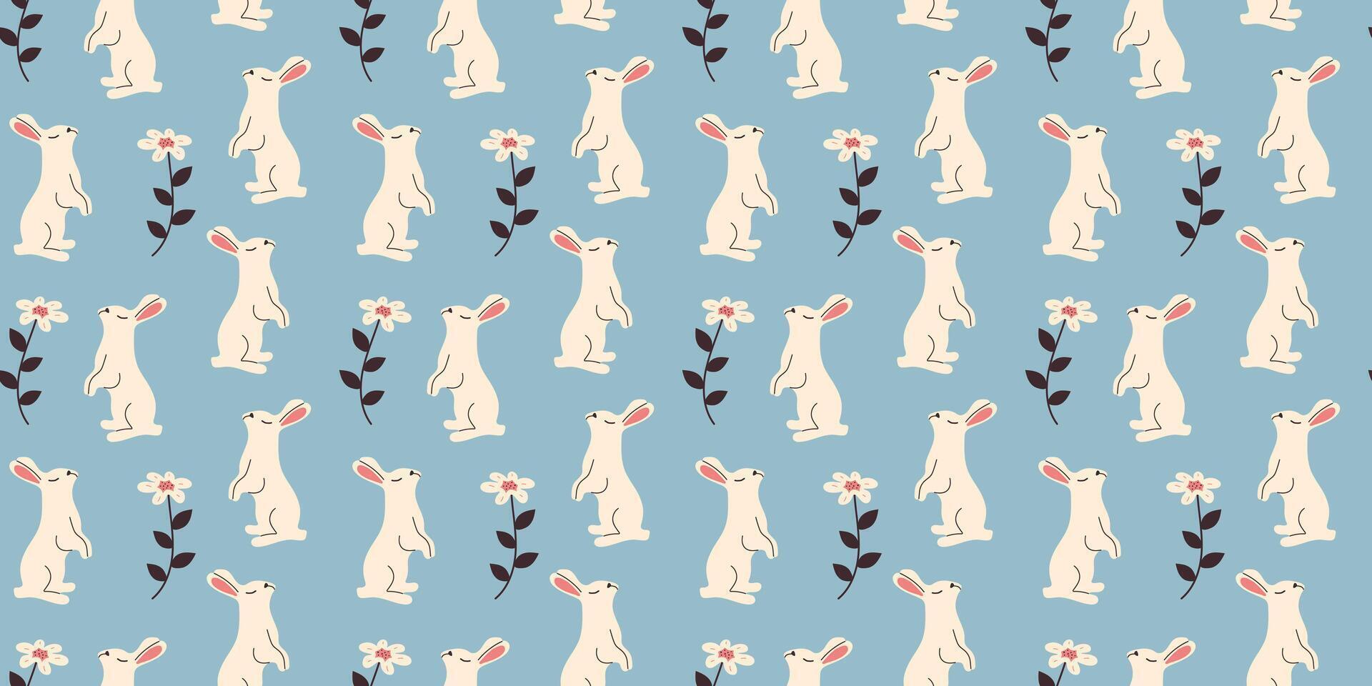 Bunny seamless pattern with leaves in doodle style. Endless Illustration with animals. White rabbits with botanical elements on blue background. Cute kids design vector