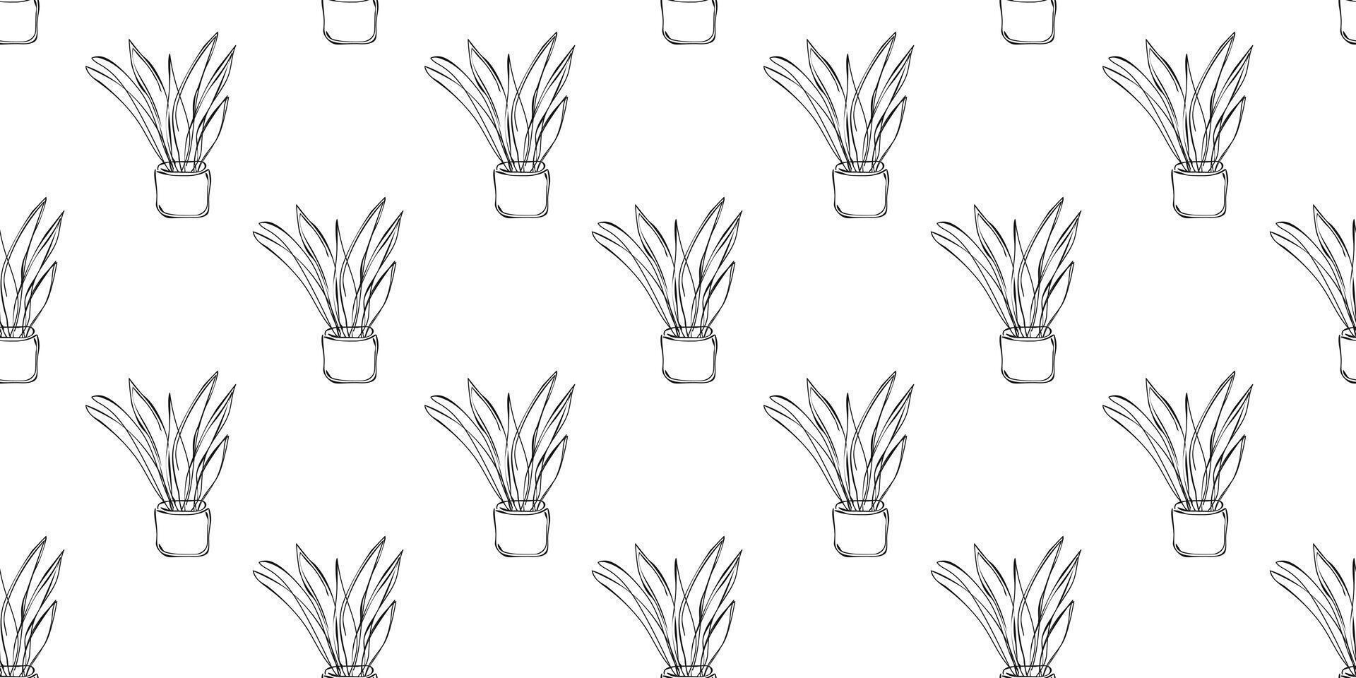 Seamless botanical Pattern in outline style. Leaves in pot nature illustration. Vector design room elements in black and white color
