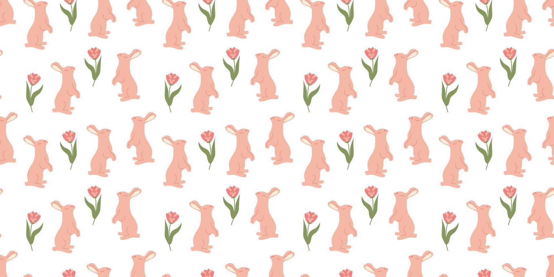 Bunny seamless pattern with leaves in doodle style. Endless Illustration with animals. White rabbits with botanical elements on white background. Cute kids design vector