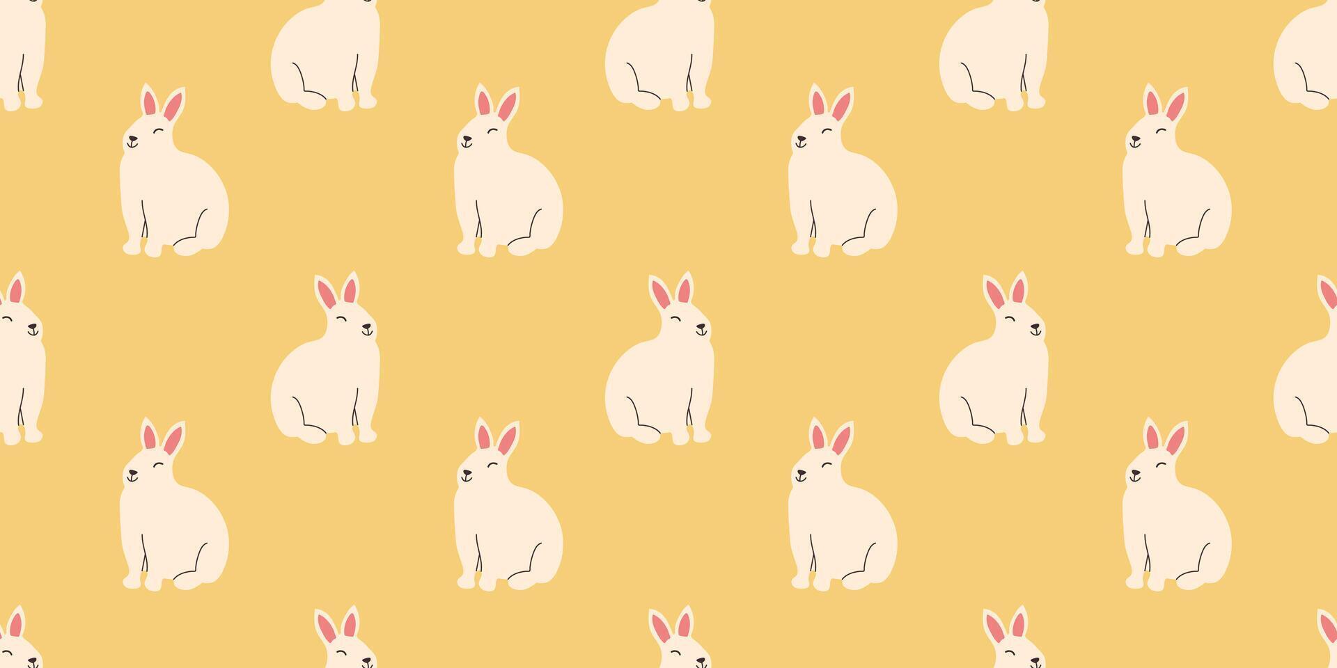 Seamless pattern of cute kawaii Bunny on yellow background. Springtime Easter white rabbit. Hand drawn animal endless design vector