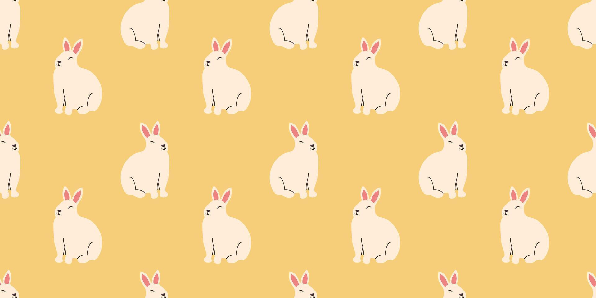 sin costura modelo de linda kawaii conejito en amarillo antecedentes. primavera Pascua de Resurrección blanco Conejo. mano dibujado animal interminable diseño vector