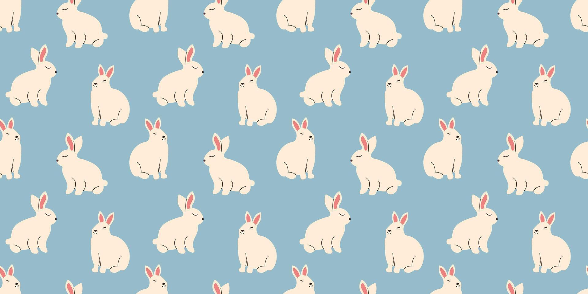 Seamless pattern of cute kawaii Bunny. Springtime Easter white rabbit on blue background. Hand drawn animal endless design vector