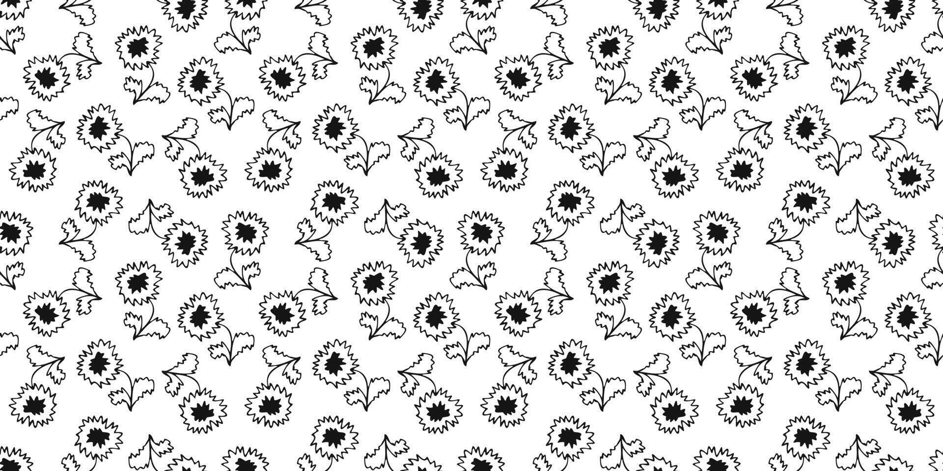 Brush doodle flower seamless Pattern. Hand drawn botanical background with abstract floral motif. Black print for fabric, wrapping paper, wallpaper design vector