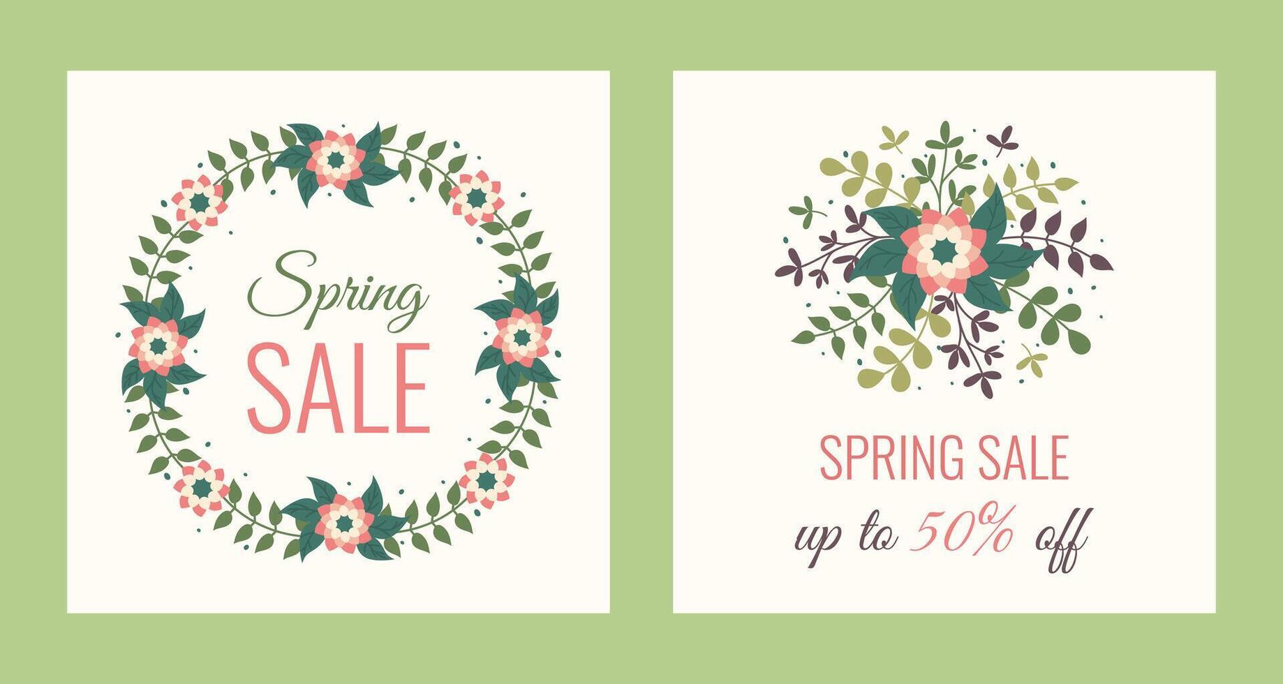 Trendy square Spring Sale posters templates with flowers and leaves. Hand drawn springtime Botanical elements for social media posts, banners and offers. Background with lettering vector