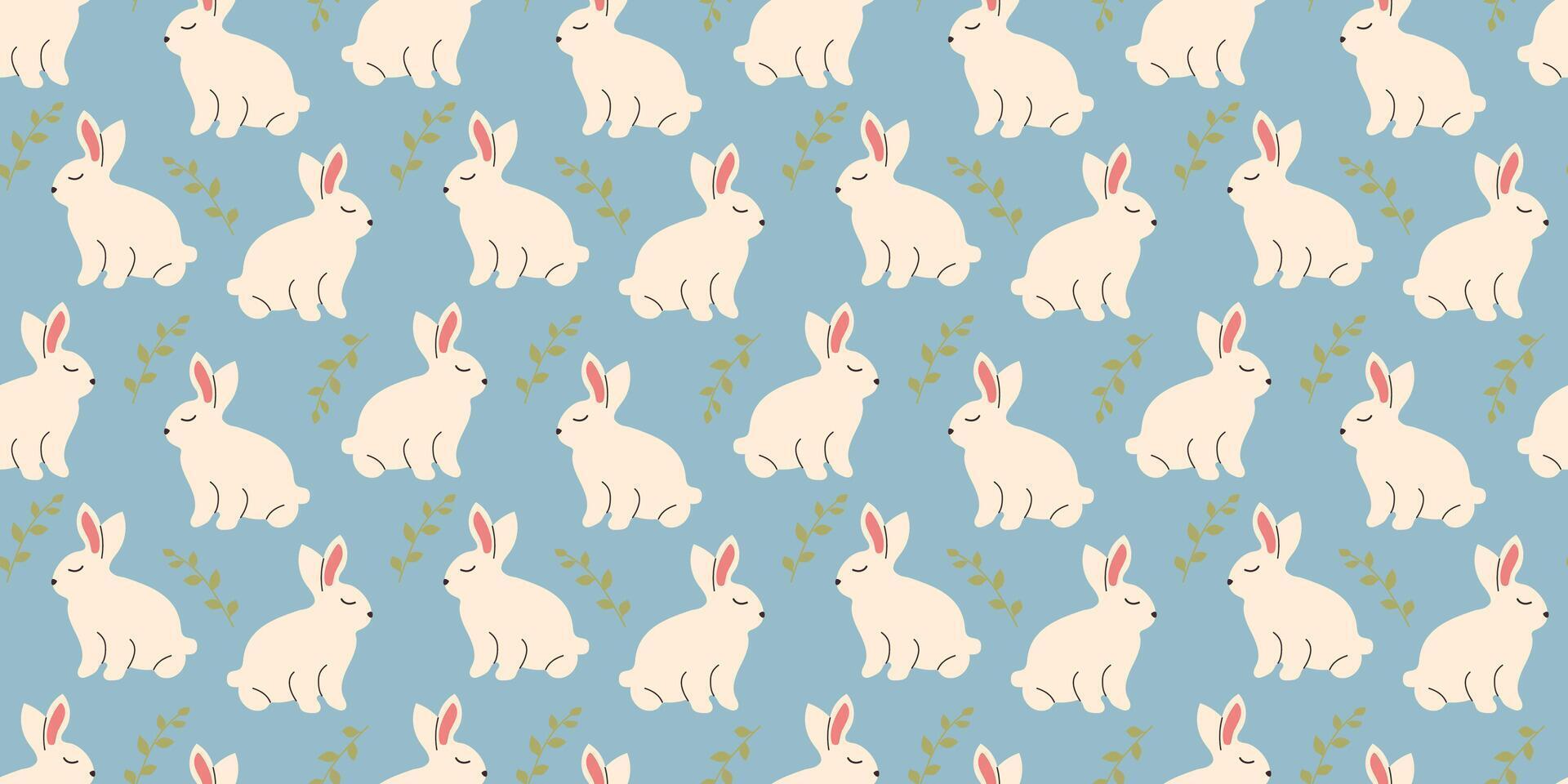 Bunny seamless pattern with leaves in doodle style. Endless Illustration with animals. White rabbits with botanical elements on blue background. Cute kids design vector