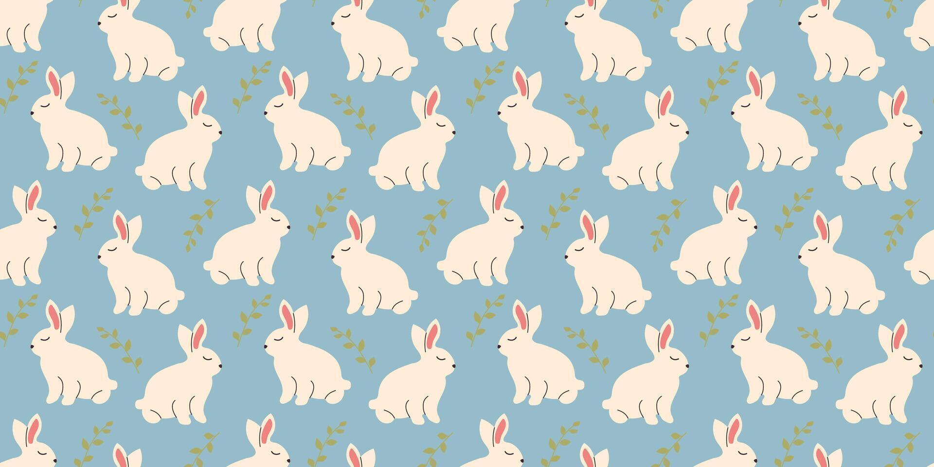 Bunny seamless pattern with leaves in doodle style. Endless Illustration with animals. White rabbits with botanical elements on blue background. Cute kids design vector