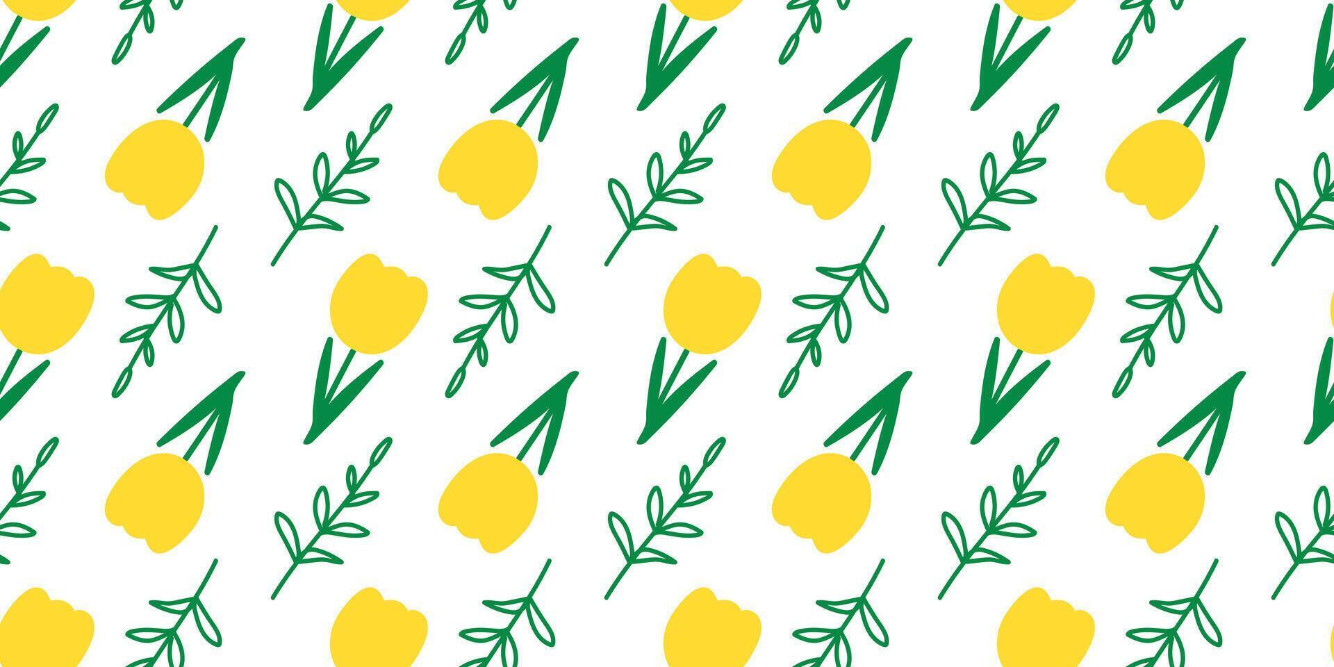 Colorful Flower and leaves seamless pattern illustration. Children style yellow floral doodle background, funny basic nature shapes wallpaper vector