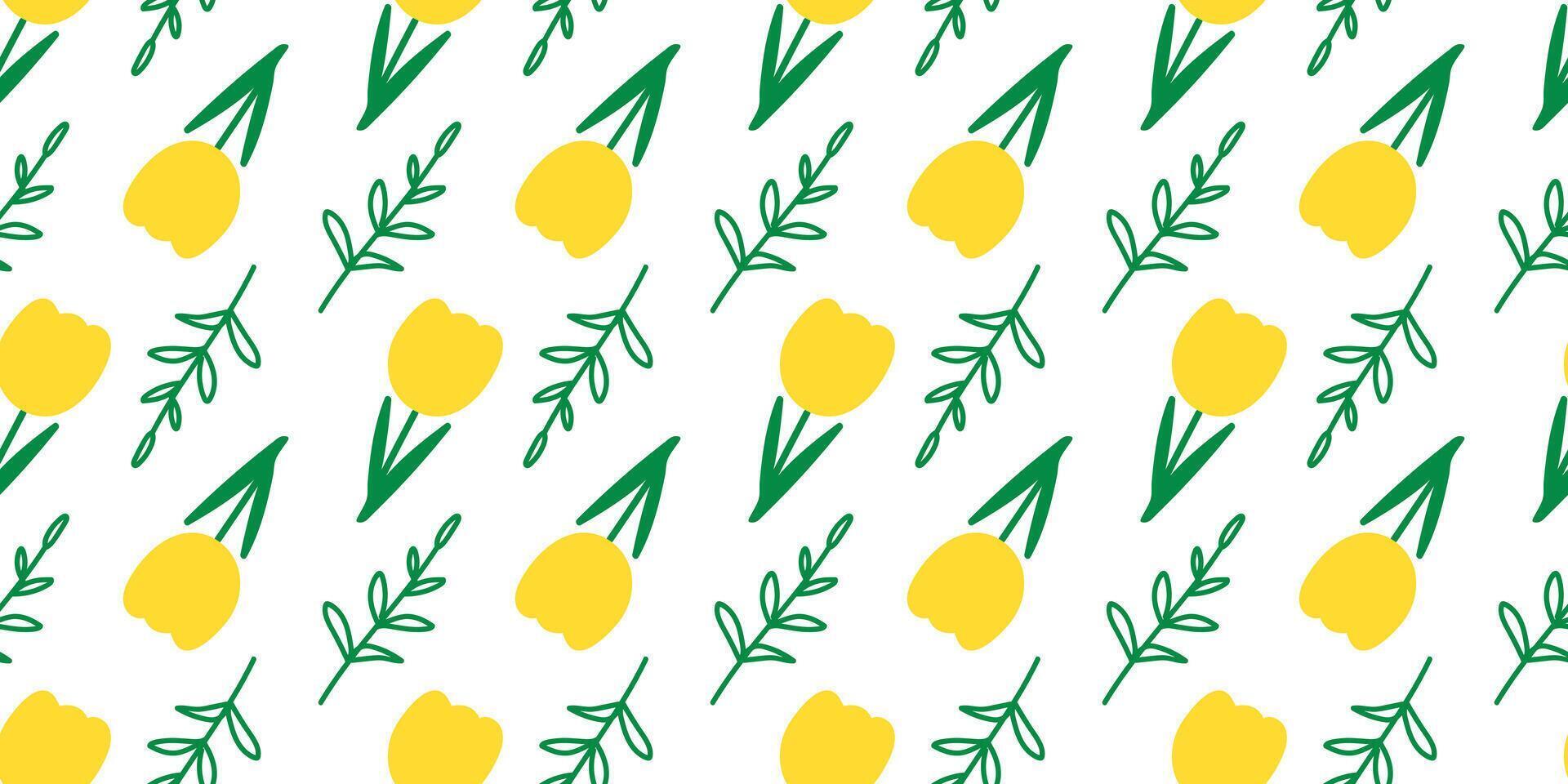 vistoso flor y hojas sin costura modelo ilustración. niños estilo amarillo floral garabatear fondo, gracioso básico naturaleza formas fondo de pantalla vector