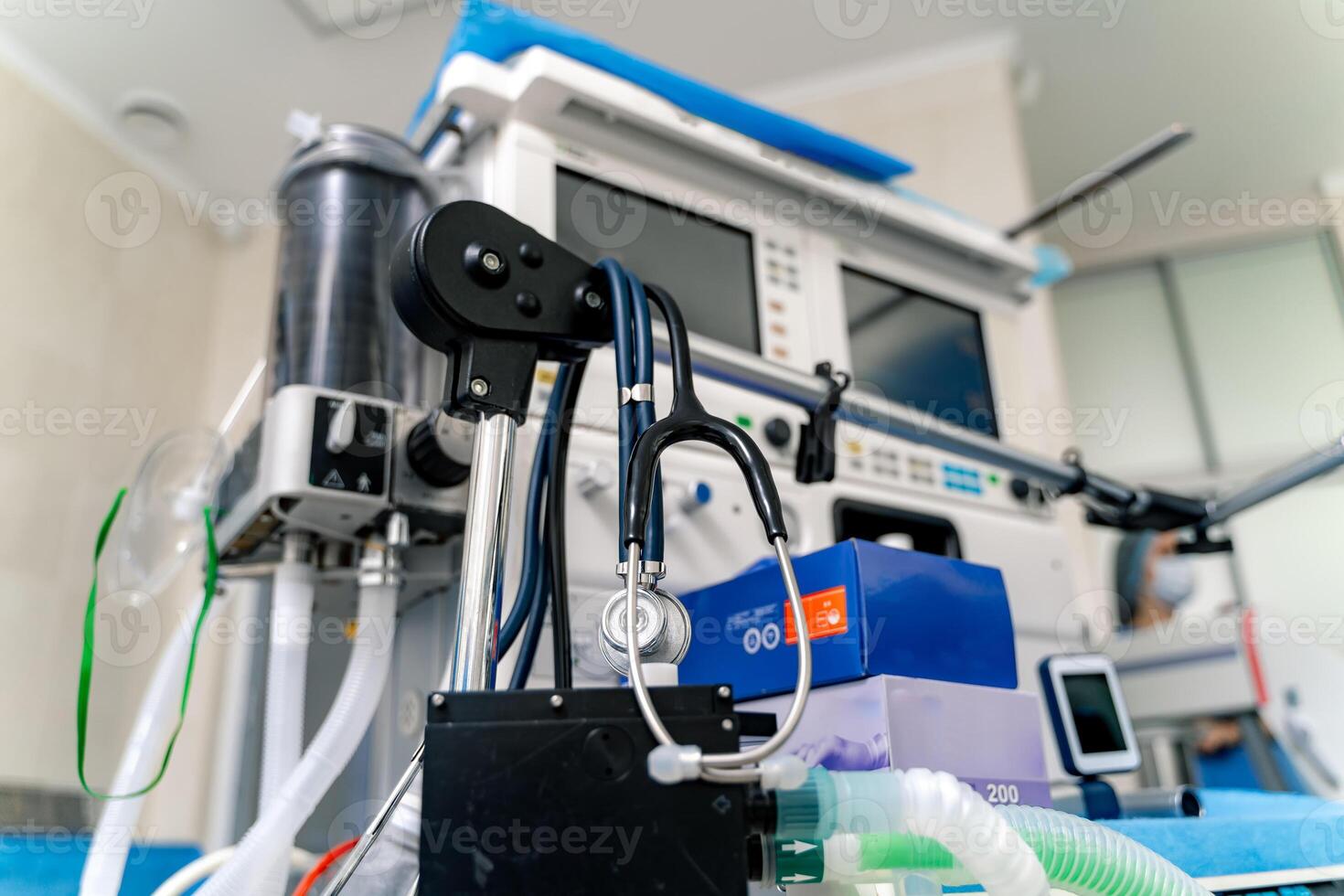 Artificial lung ventilation apparatus in modern clinic. Ventilation of the lungs with oxygen. Mask for intubation. photo