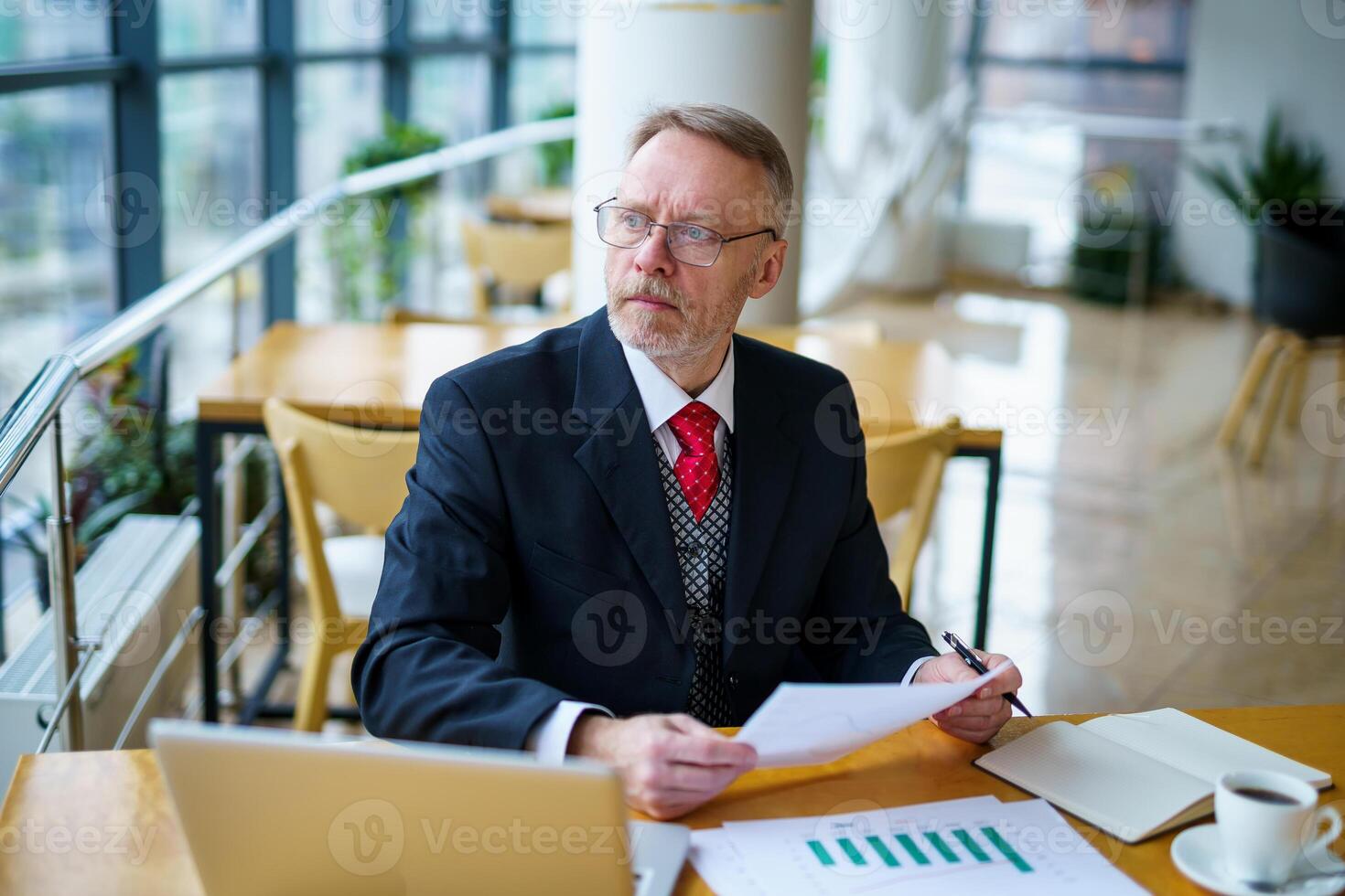 Content senior business man sitting in a dark suit. Documents in hands. Red tie. Confident. Business style concept photo