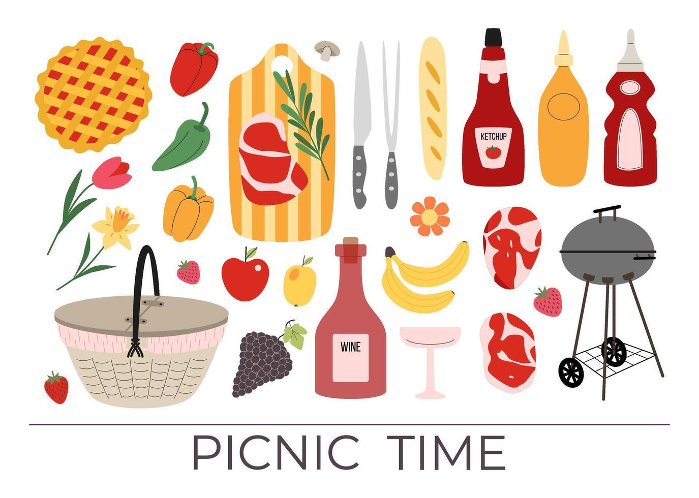 Picnic time card, flyer, banner. Spring and summer outdoor recreation. Set of food - grilled meat, steaks, fruits, fast food. Basket, brazier. Barbecue in nature. vector