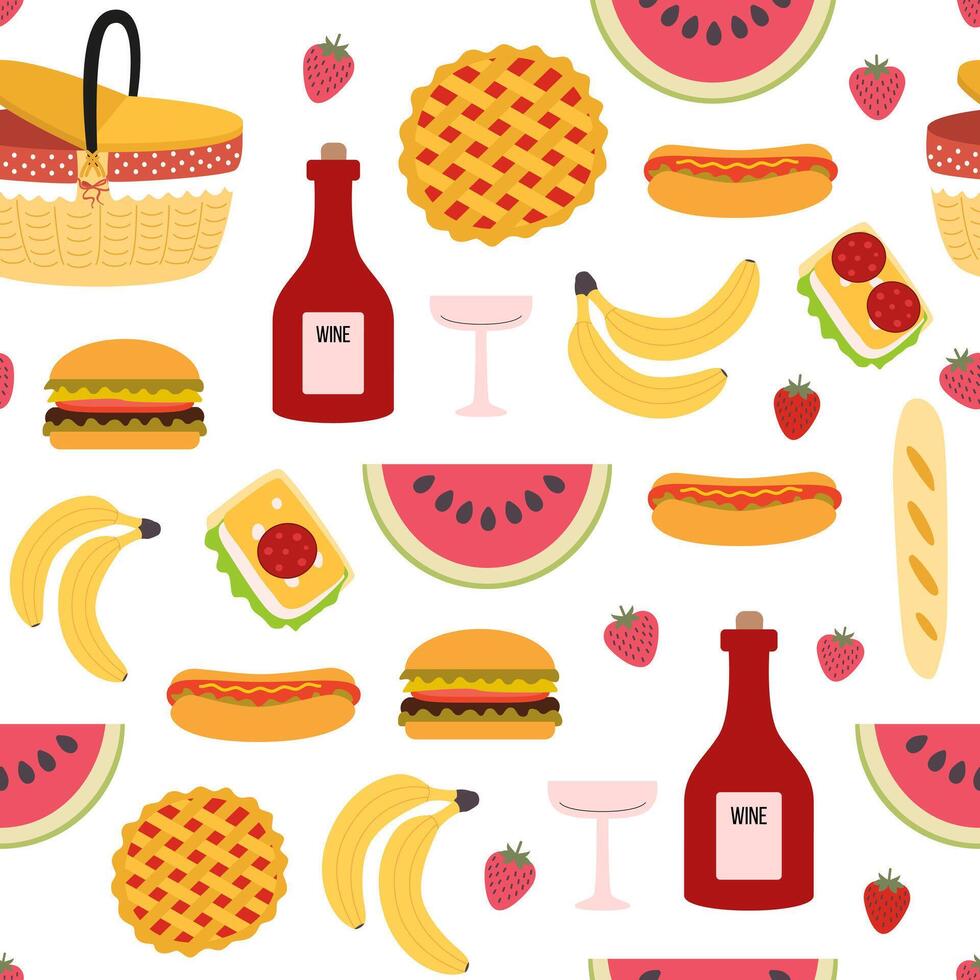 Picnic seamless pattern. Basket, food, fruits, wine, sandwich, hot dog. Spring and summer holidays. Background, digital paper, backdrop. vector