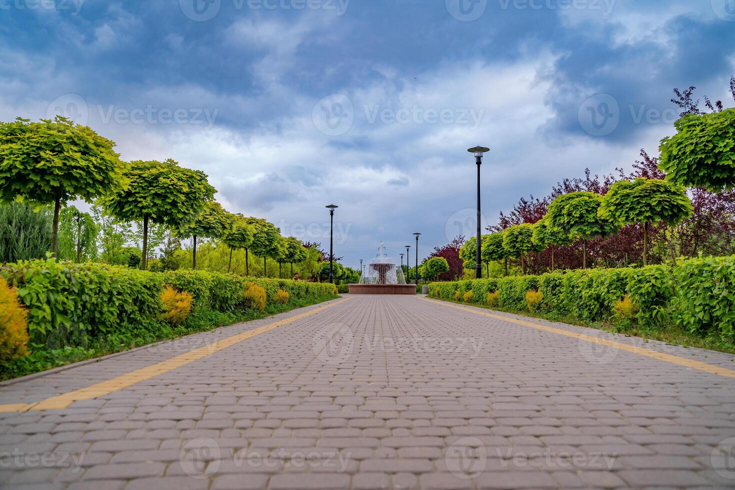 Selective view on a road to the urban house. Modern landscape. Townhouse s district. photo