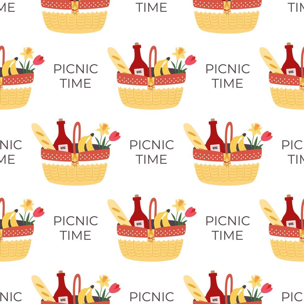 Picnic time seamless pattern. Basket with food. Spring and summer holidays. Background, digital paper, backdrop. vector