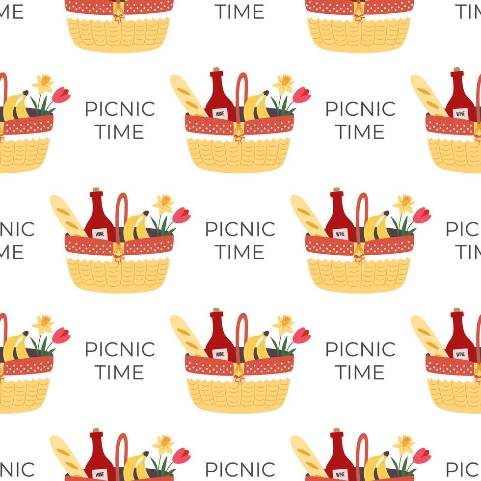 Picnic time seamless pattern. Basket with food. Spring and summer holidays. Background, digital paper, backdrop. vector