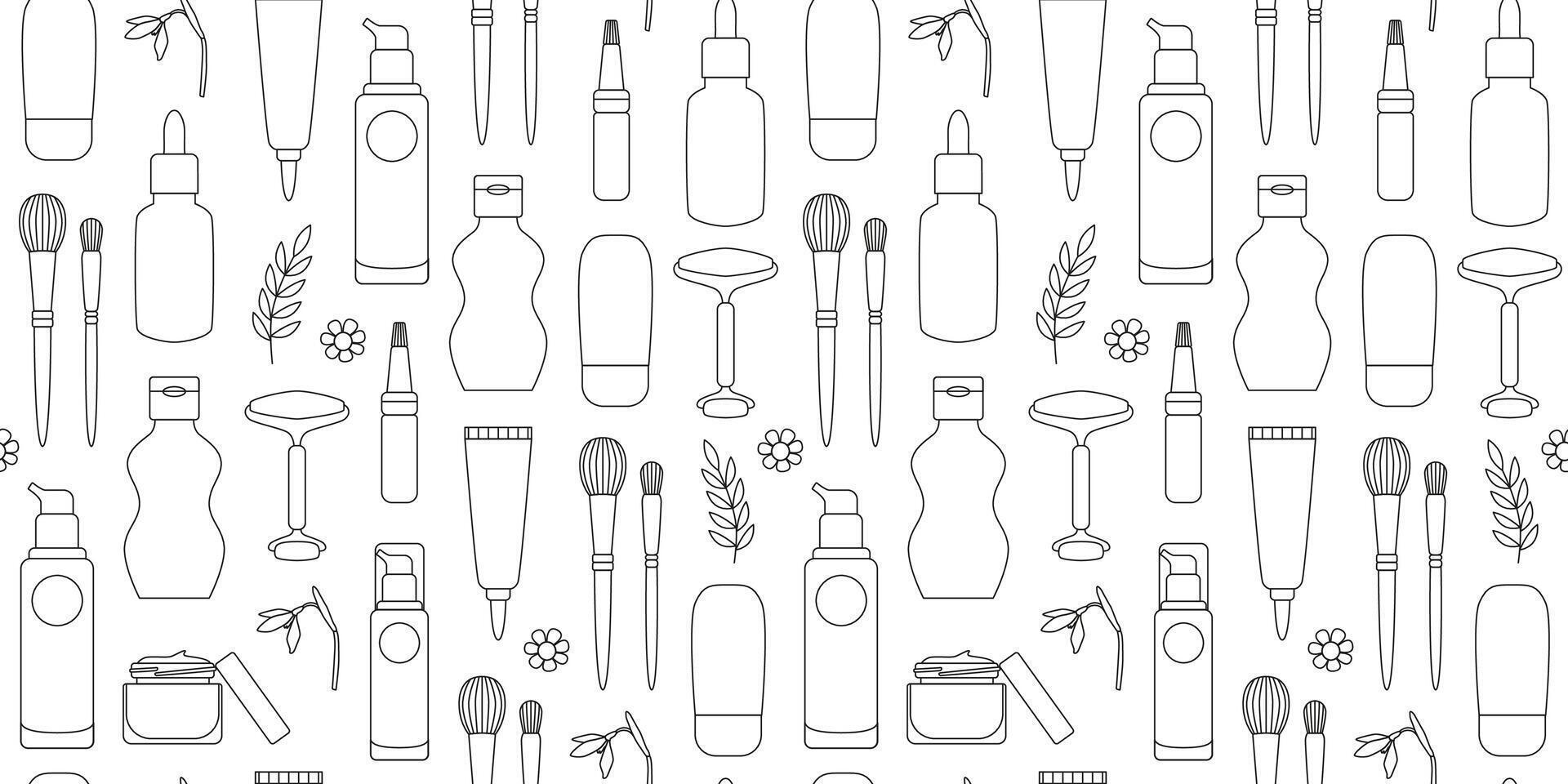 Outline skin care and makeup cosmetics seamless pattern. Serum, cleanser, moisturizer, toner, foundation, face roller, makeup brush. Beauty routine. Bottles, jars, tubes. Background, wrapping paper. vector