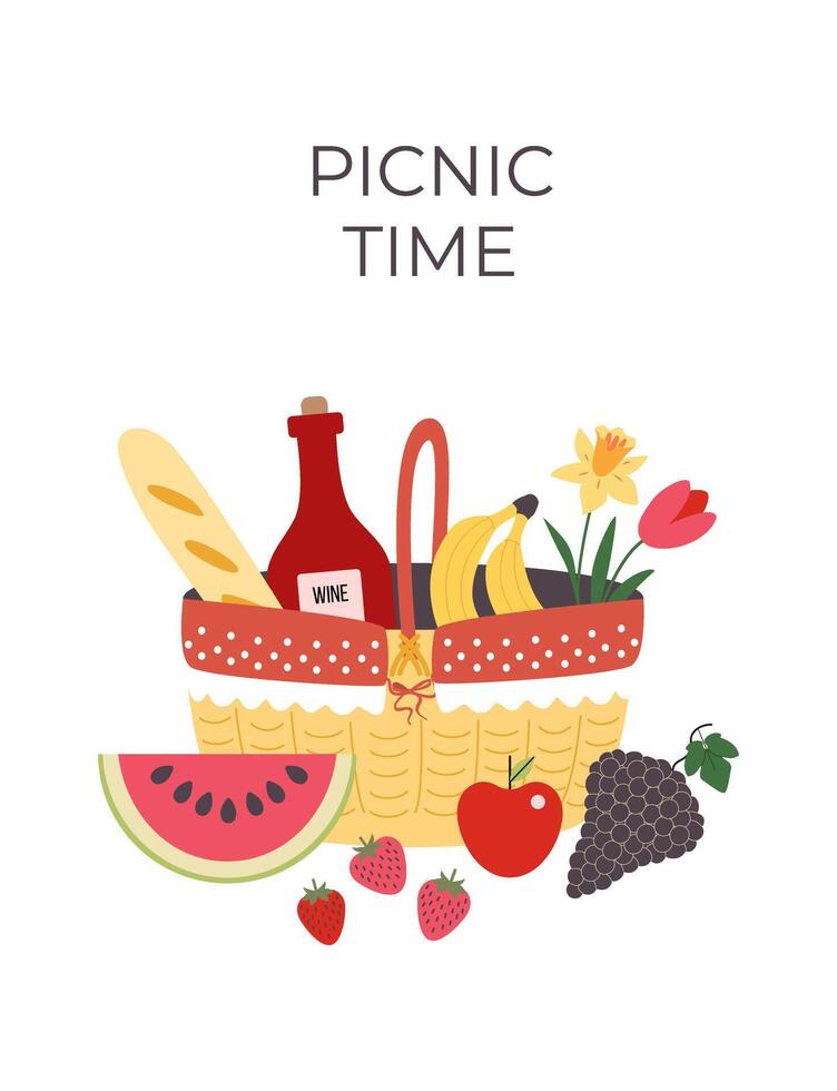 picnic hora tarjeta, volantes, bandera, póster. cesta con comida aislado en blanco. primavera y verano vacaciones. vector