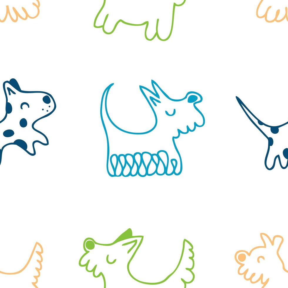 Hand drawn doodle dogs vector graphic seamless pattern. Animal cartoon characters print for tee, paper, textile and fabric. Doodle illustration for decor and design.