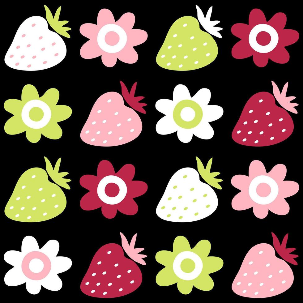 verano modelo con margarita flores y fresas retro impresión para almohada, frazada, textil y tela. mano dibujado floral vector antecedentes.