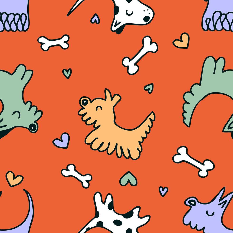 Doodle seamless vector pattern with dogs, hearts and bones. Love for pets concept. Perfect print for tee, paper, textile and fabric.