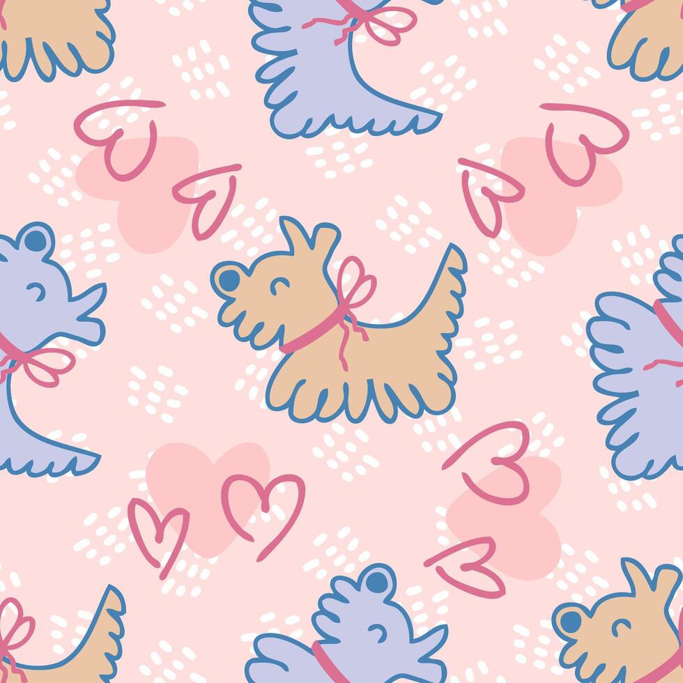 Doodle cute shaggy puppies with bow ribbons and hearts seamless pattern. Love for pets concept. Hand drawn vector print for tee, paper, textile and fabric.