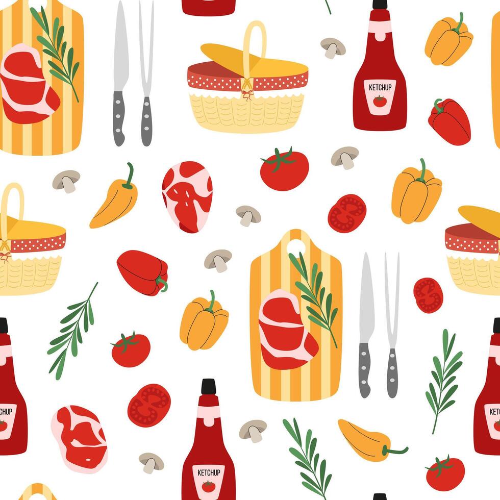 Barbecue seamless pattern. Meat steaks. BBQ picnic. Meat, ketchup, cutting board, knife, meat tongs. Background, digital paper, backdrop. vector