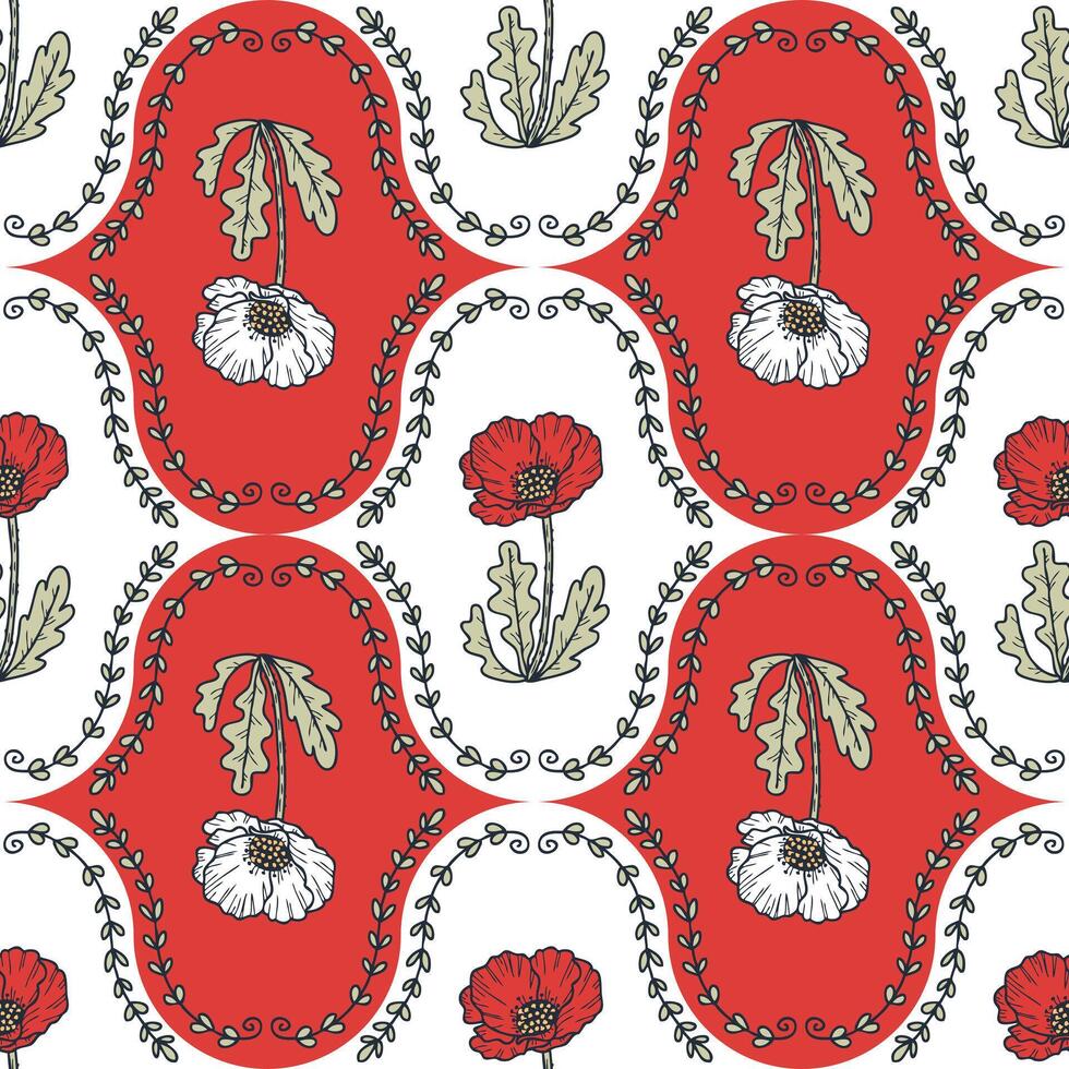 Hand drawn damask style poppy flowers seamless pattern. Perfect print for tee, paper, textile and fabric. Doodle vector illustration.