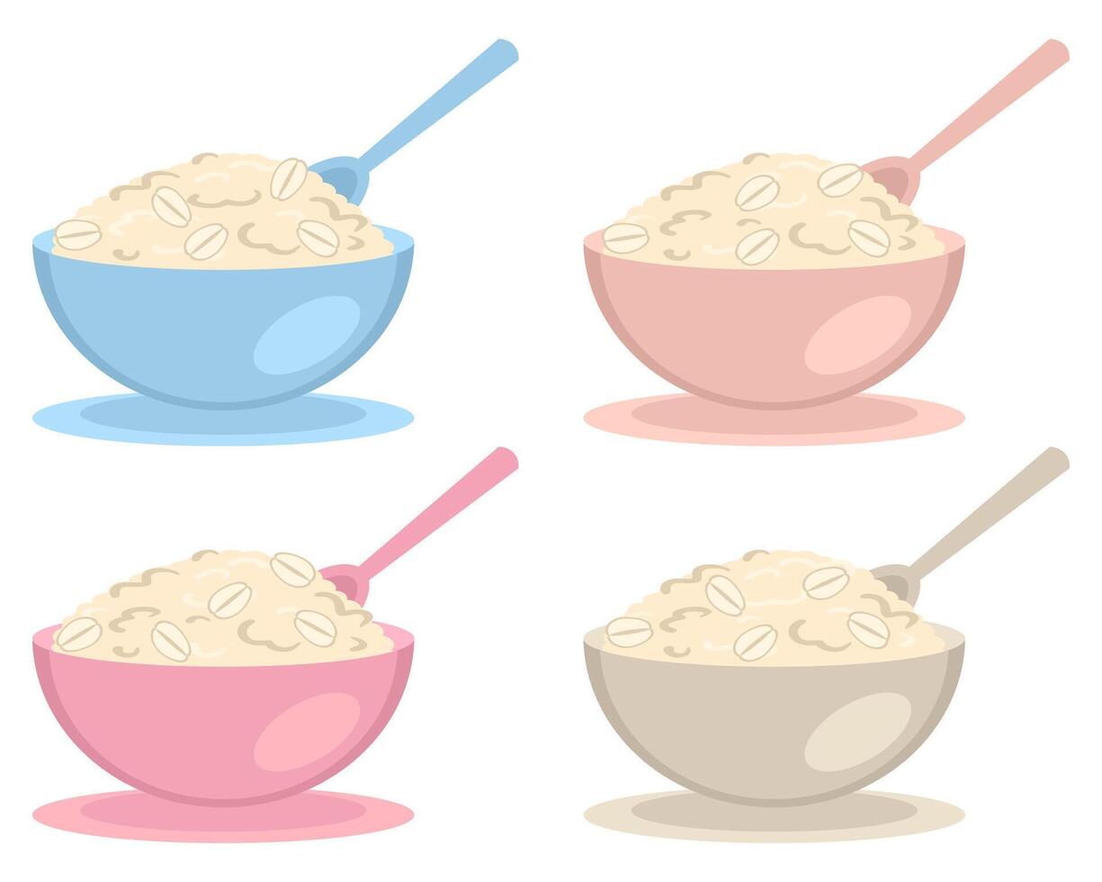 Oat flakes porridge bowls different pastel colors collection. Perfect print for stickers, poster, menu. Isolated vector illustration.