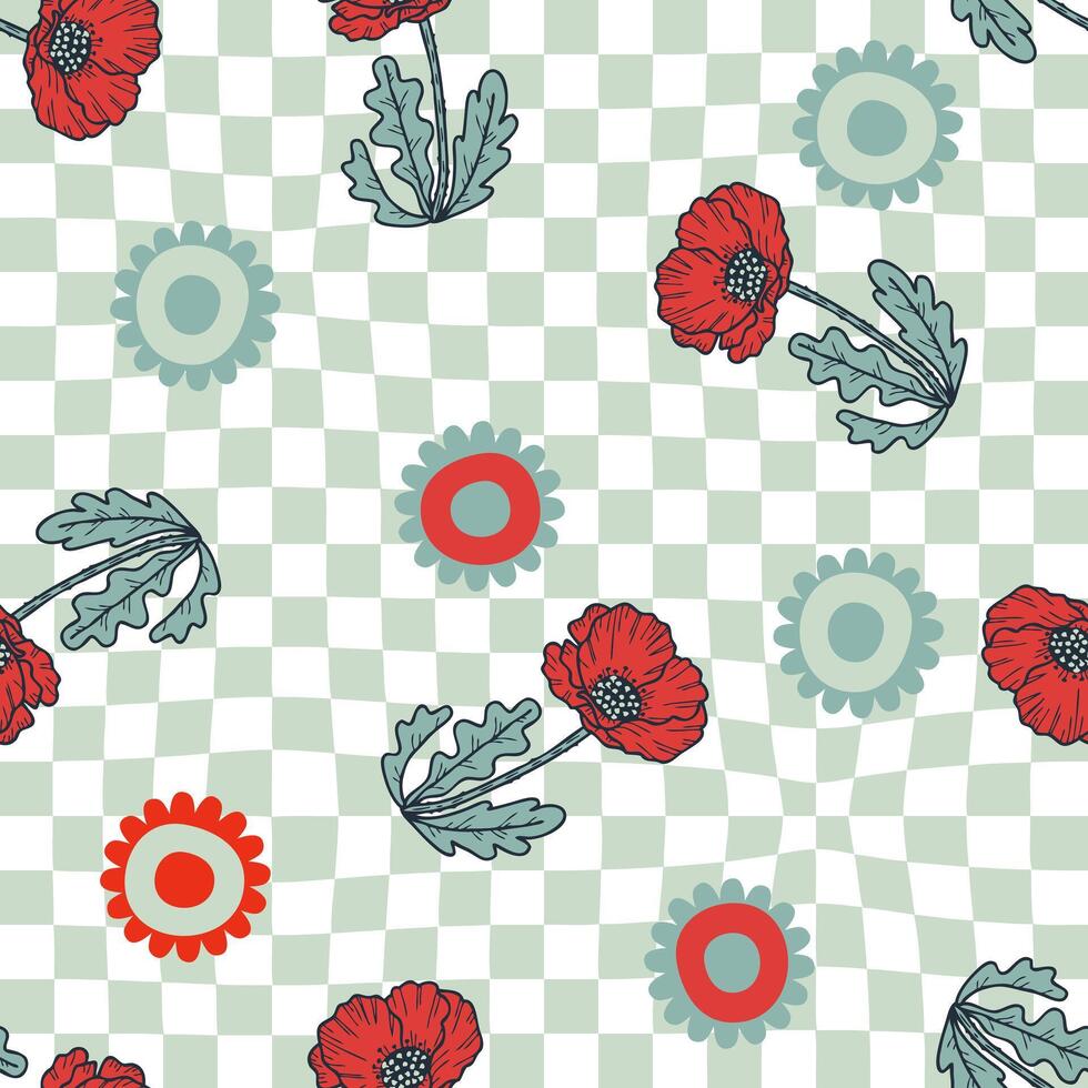 Seamless pattern with daisy and poppy flowers on distorted checkered background. Summer print for fabric, paper, textile. Hand drawn vector illustration.