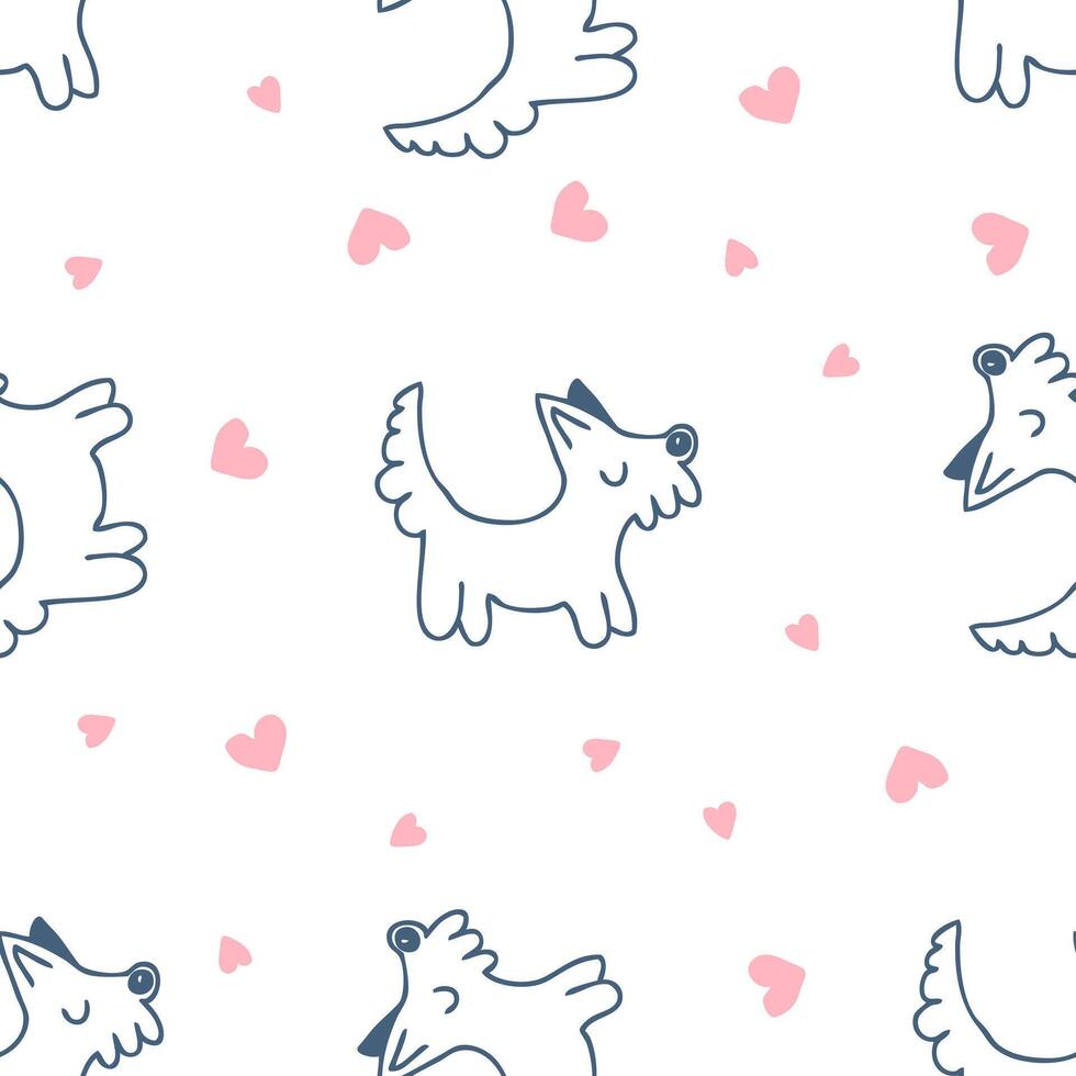 Hand drawn cute dogs with hearts seamless pattern. Love for pets concept. Doodle vector print for tee, paper, textile and fabric.