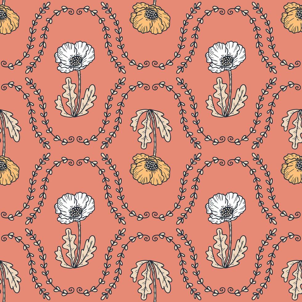 Doodle damask style poppy flowers seamless pattern. Delicate pastel print for tee, paper, textile and fabric. Hand drawn vector illustration.